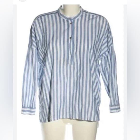 Zara Woman Denim Collection Oversized  Button Blouse Blue/White Striped - Picture 1 of 11